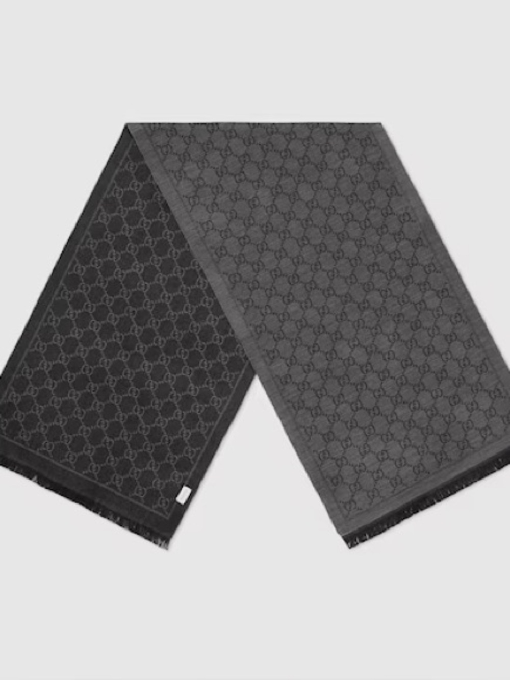 NEW Gucci ‘Sten’ GG Logo Wool Scarf - Charcoal Grey & Light Gray Contrast